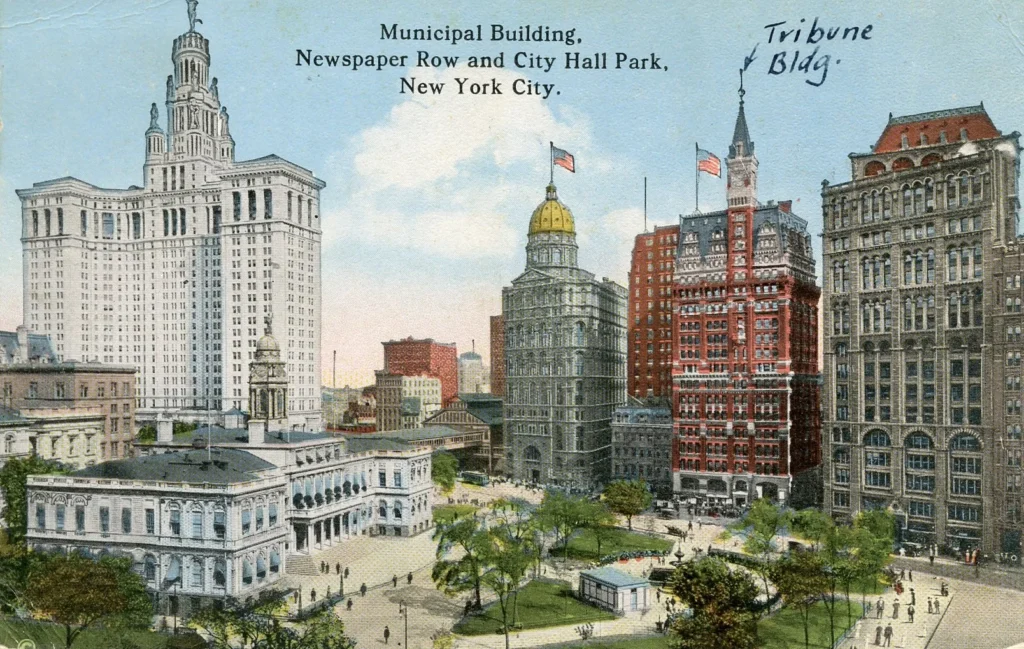 Vintage postcard view of City Hall Park and Municipal Building in New York City