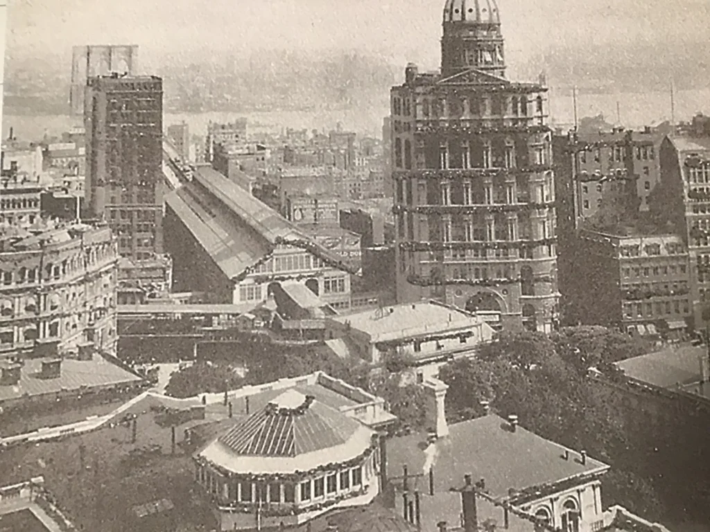 Historic Newspaper Row district in Lower Manhattan during the late nineteenth century