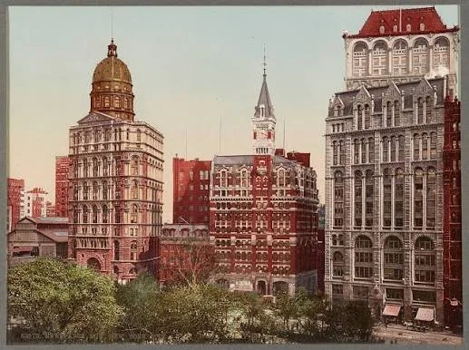 Historic City Hall Park in Lower Manhattan with surrounding civic buildings