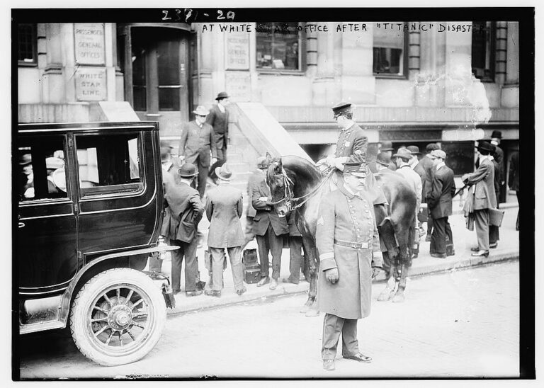 People gathered outside a White Star Line office following the Titanic disaster in April 1912