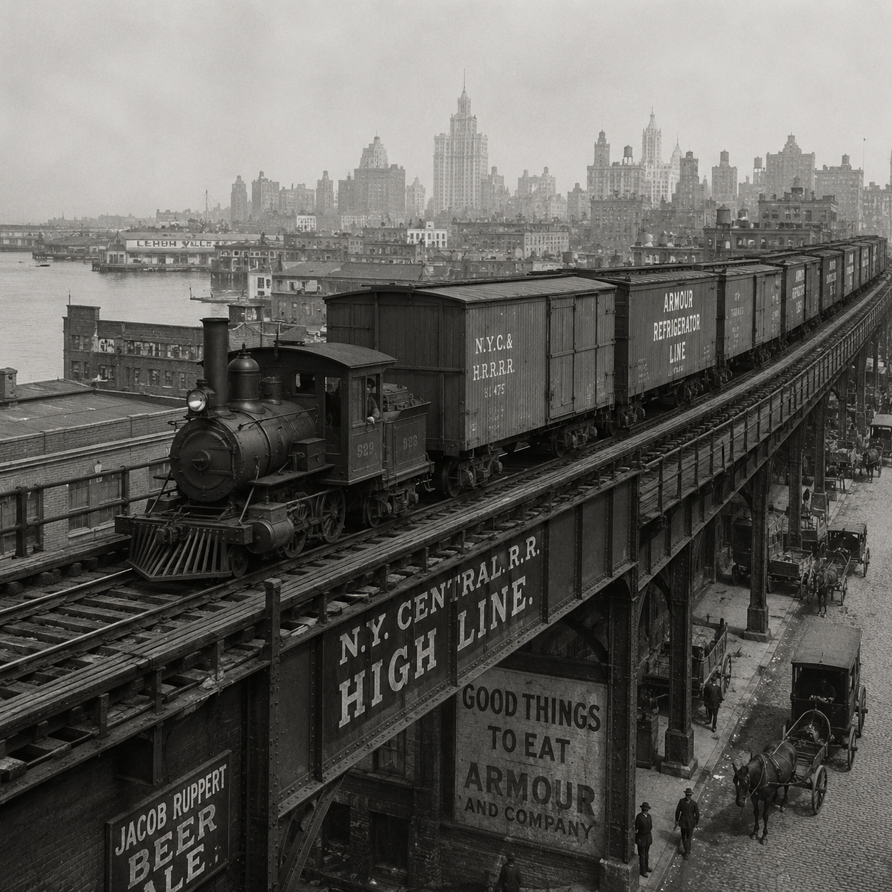 Freight train operating on the elevated High Line railroad above Manhattan's West Side