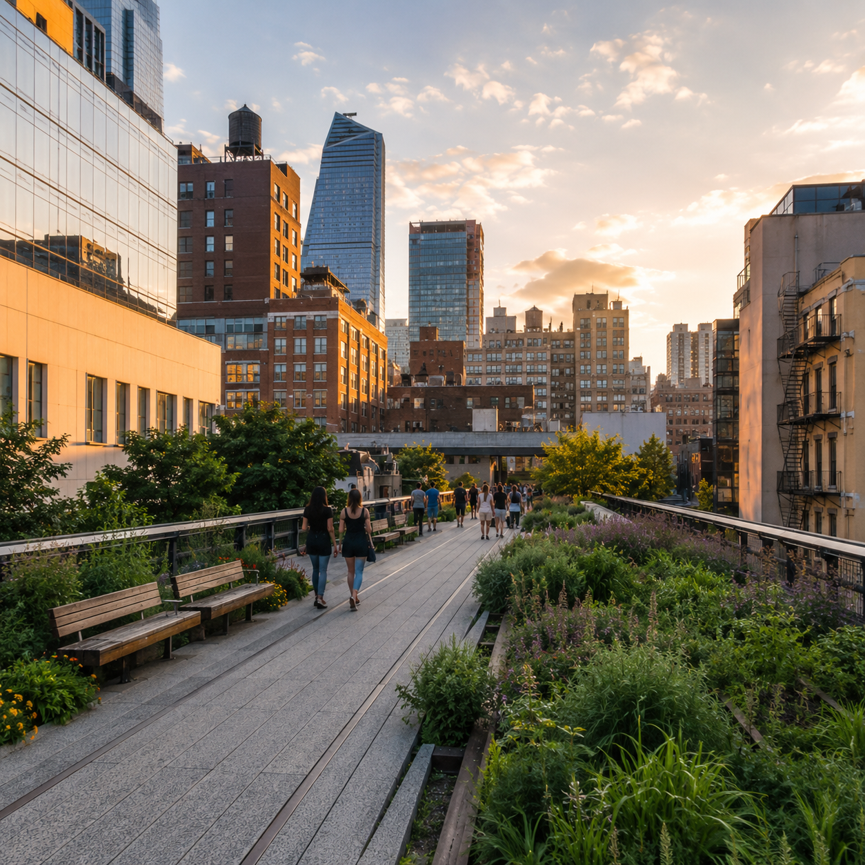 The High Line park in Chelsea showcasing the transformation of a former freight railroad into a public green space