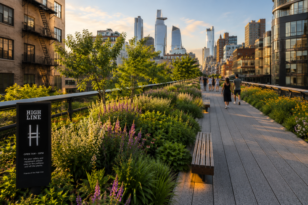 Landscaped gardens and walking paths along the High Line in Manhattan