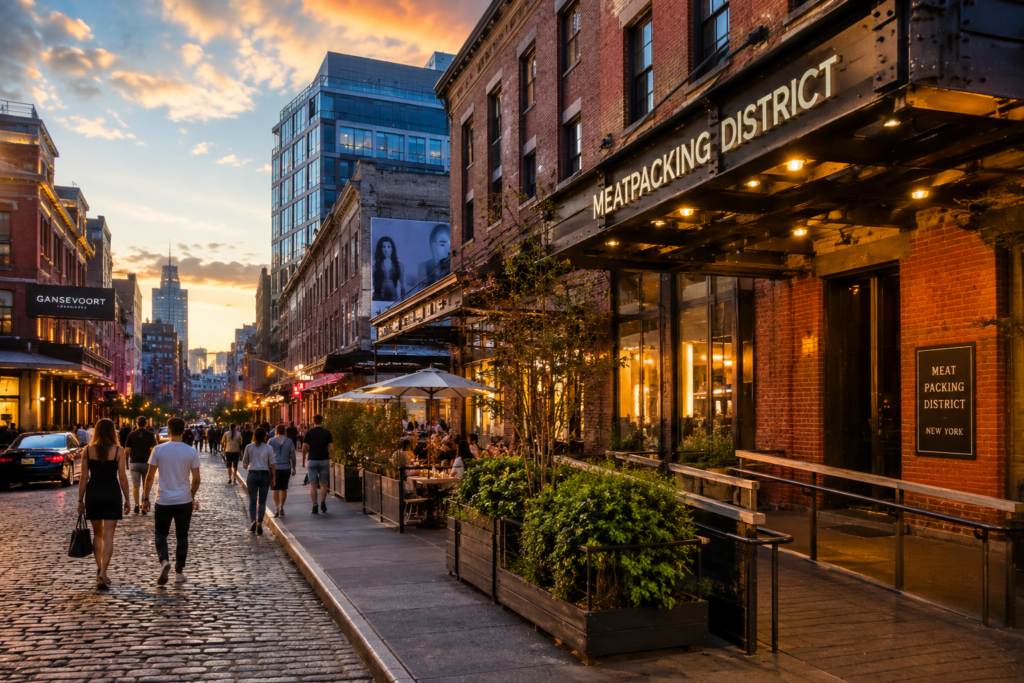 Historic Meatpacking District streets lined with restaurants and former industrial buildings