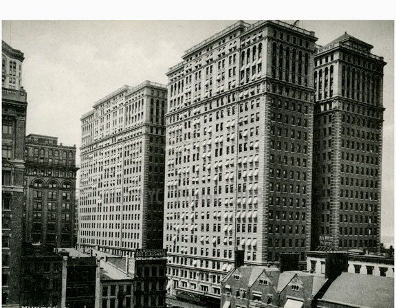 Historic Lower Manhattan streetscape before construction of the World Trade Center and the loss of Radio Row