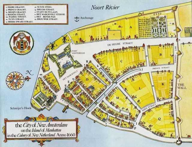 Historic map of New Amsterdam on the southern tip of Manhattan in the seventeenth century