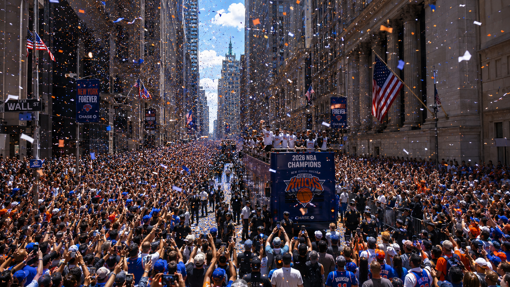 Ticker-tape parade traveling through New York City's Canyon of Heroes in Lower Manhattan