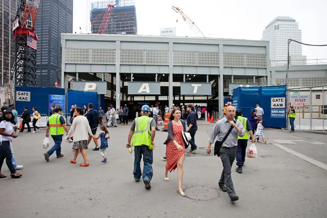 Visitors walking through the World Trade Center plaza in Lower Manhattan