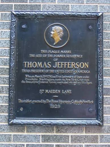 Historical marker commemorating Thomas Jefferson's residence on Maiden Lane in Lower Manhattan