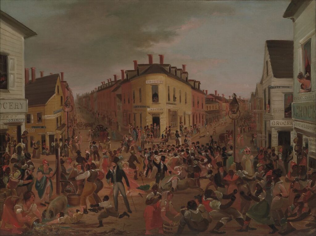 Historic depiction of the Five Points neighborhood in Lower Manhattan circa 1827