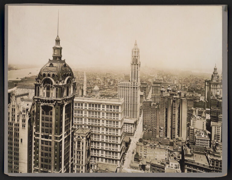 Historic 1916 view of the Singer Building and Woolworth Building in Lower Manhattan