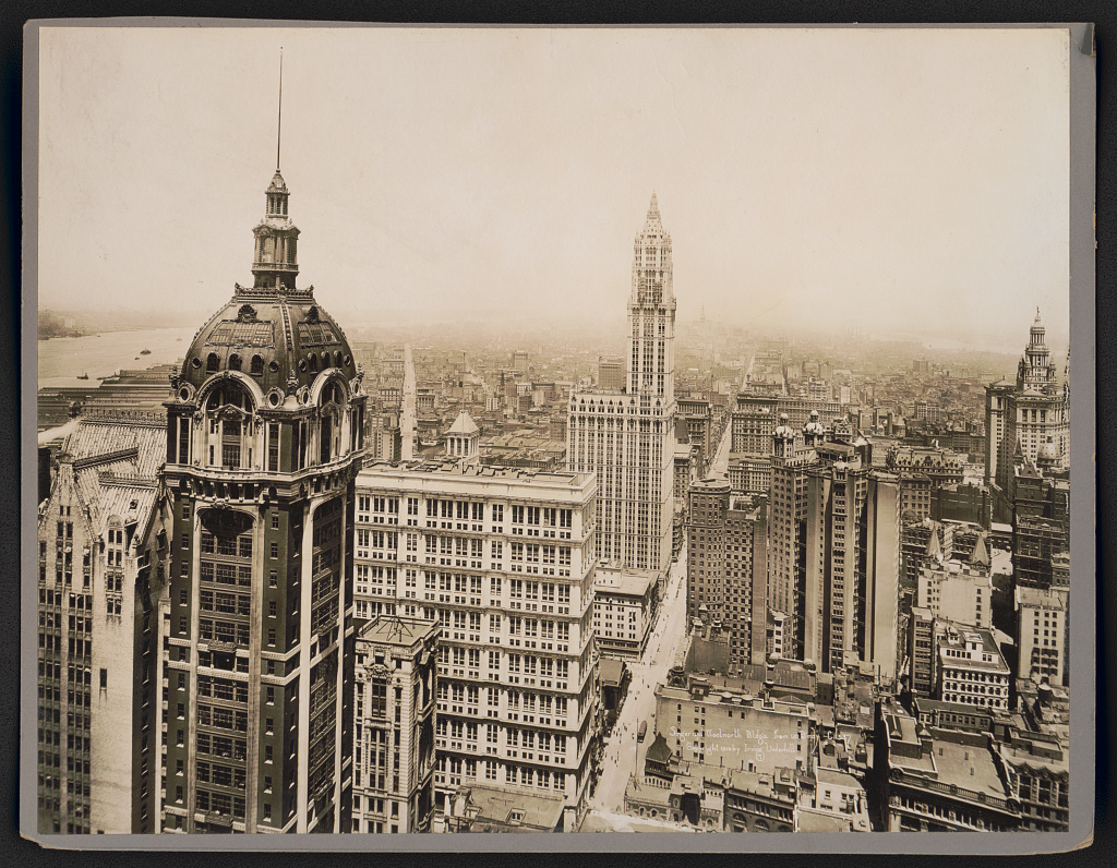 Historic 1916 view of the Singer Building and Woolworth Building in Lower Manhattan